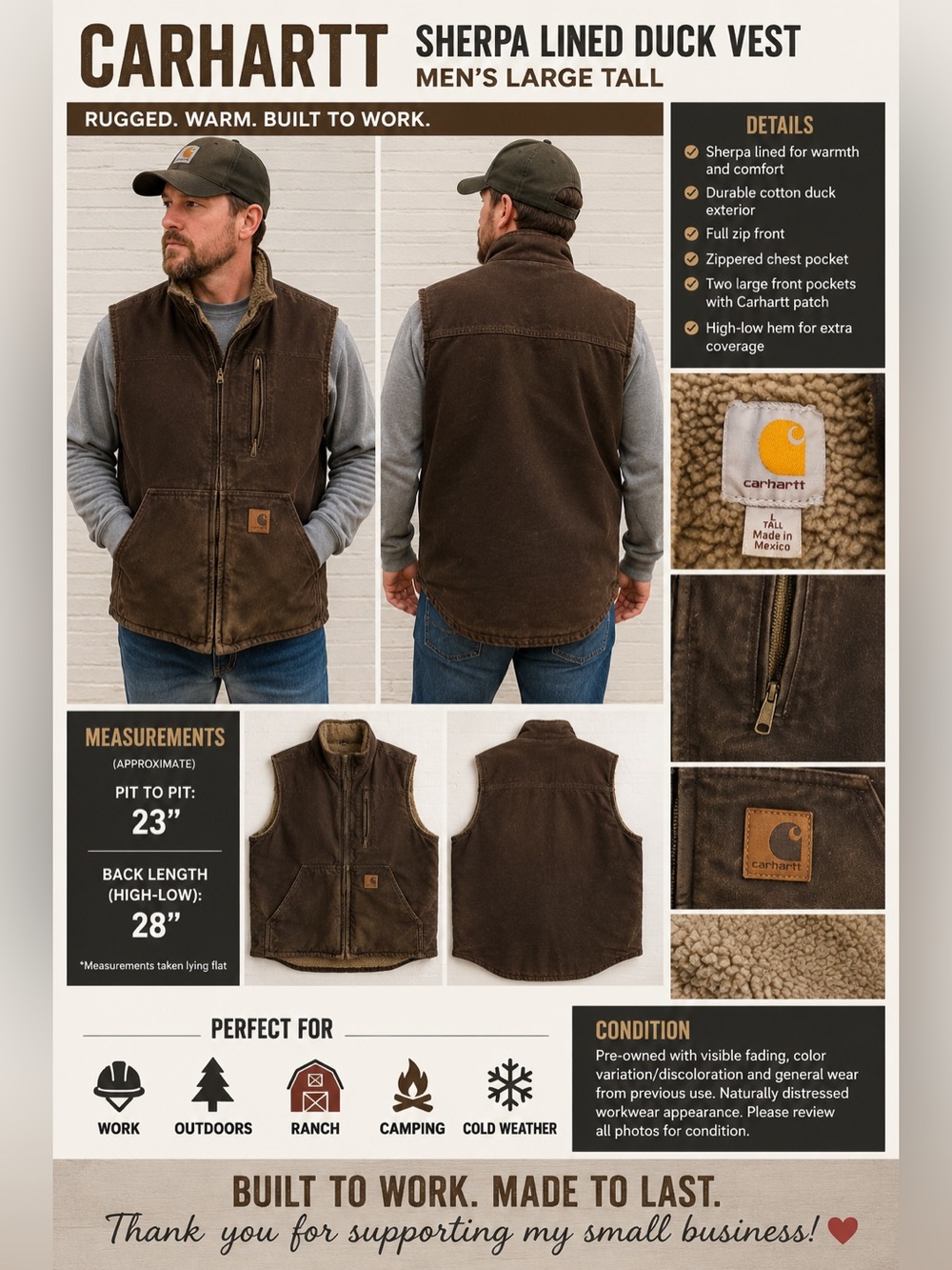 Carhartt Men’s Large Tall Brown Sherpa Lined Duck Work Vest Distressed Full Zip
